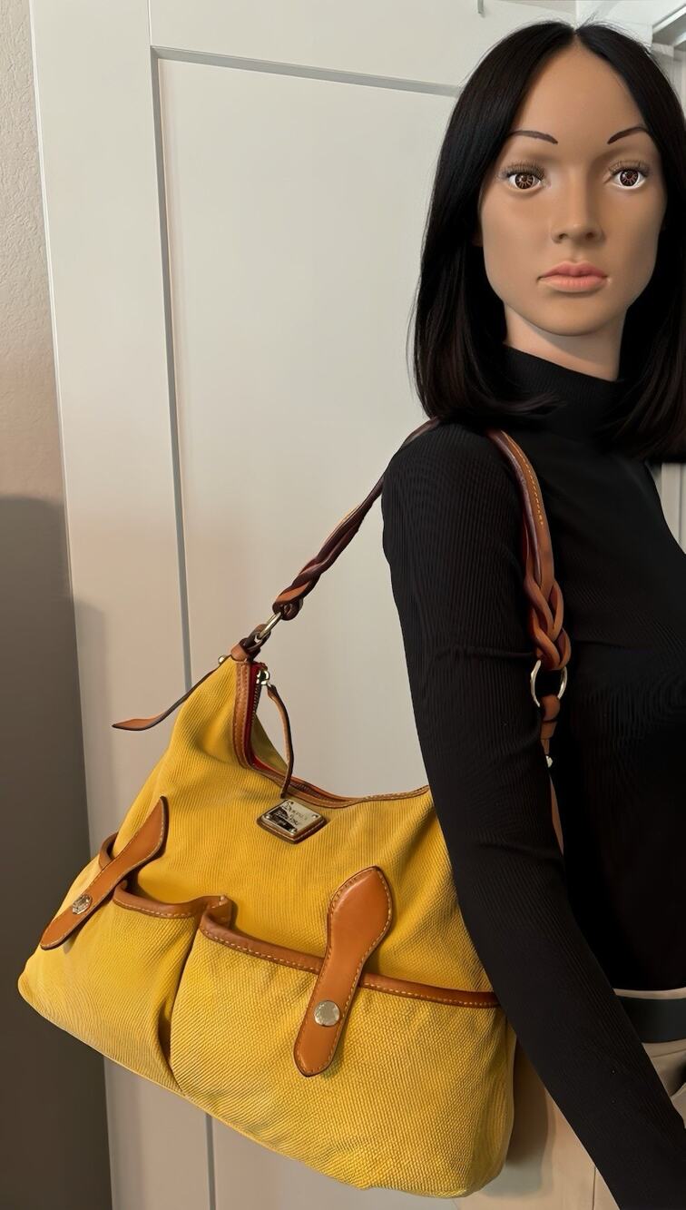 Dooney & Bourke Yellow Canvas Shoulder Hobo Bag Tan Leather Red Lining Vintage